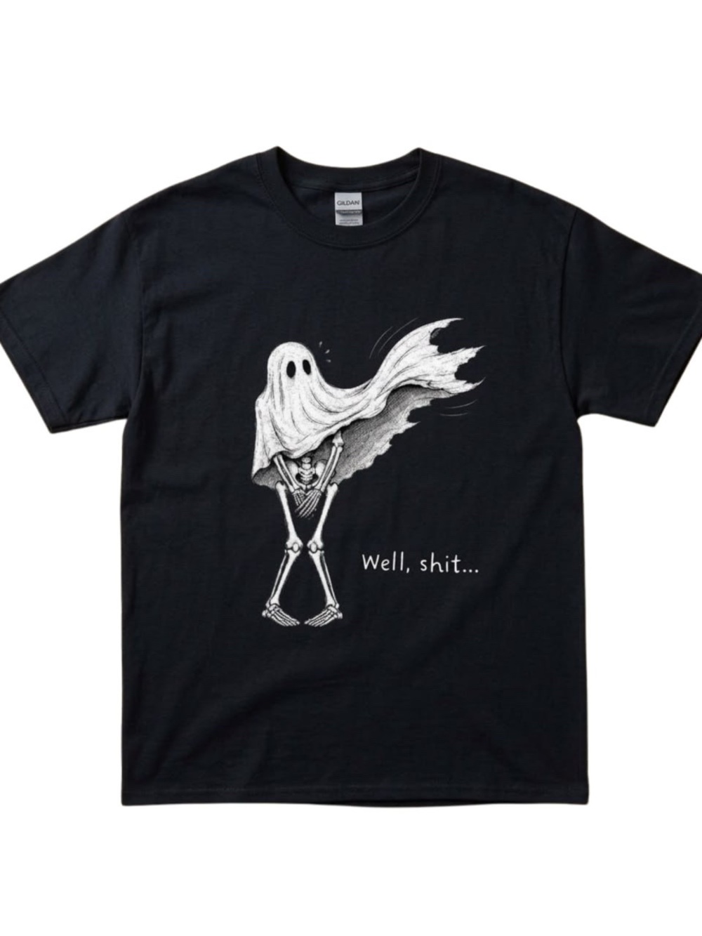 Gildan Black Tee with White Ghost-Skeleton Graphic